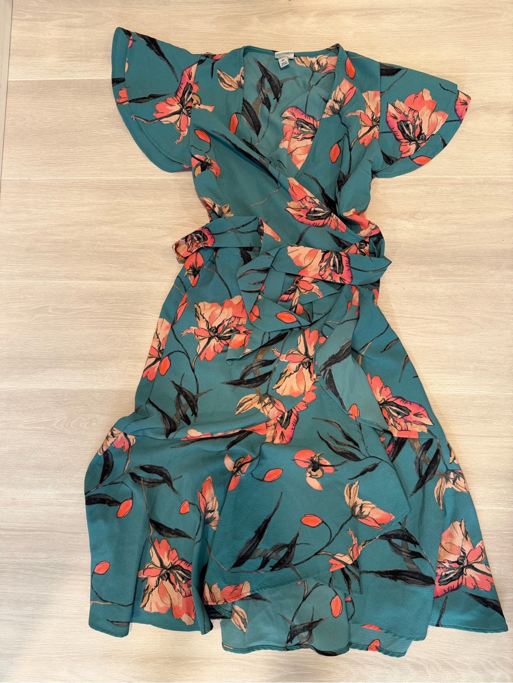 a new day Teal Floral Wrap Midi Dress with Coral Accents